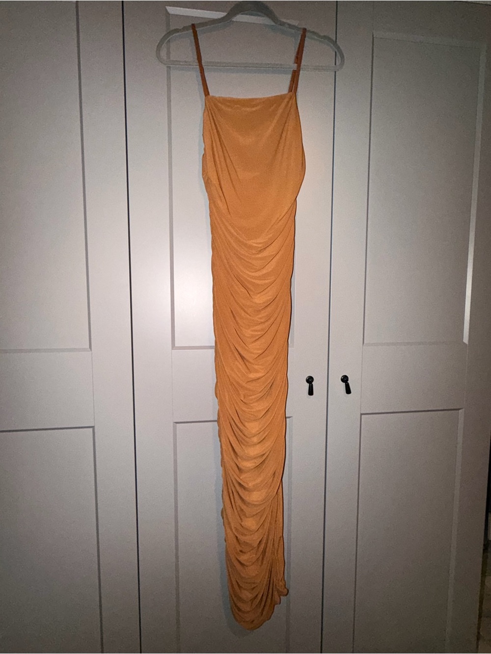 Ruched Spaghetti-Strap Maxi Dress in golden brown